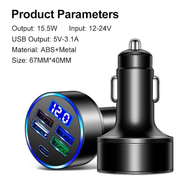 Автомобільна зарядка для телефону type-c + 4 usb + вольтметр
