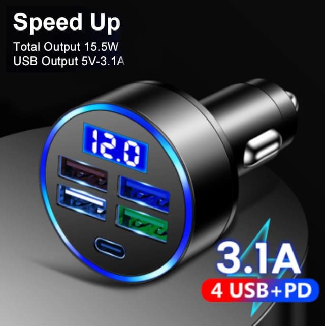 Автомобільна зарядка для телефону type-c + 4 usb + вольтметр