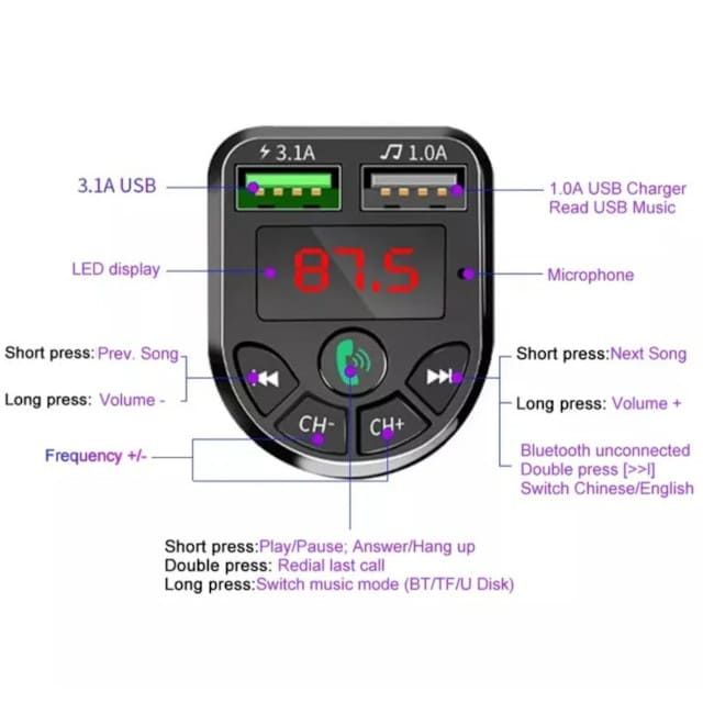 Автомобільний FM-трансмітер Bluetooth + MP3 + 2 USB + SD