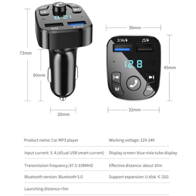 FM модулятор (трансмітер) з Bluetooth+MP3+2 usb+SD+Вольтметр